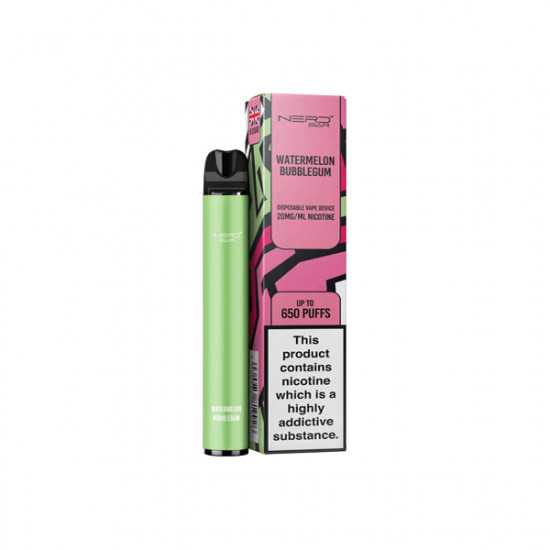 20mg Nerd Bar Disposable Vape Device 650 Puffs - Flavour: Watermelon Bubblegum