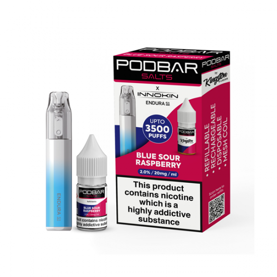 20mg Podbar Salts by Kingston x Innokin Endura S1 Disposable Vape Kit 3500 Puffs - Flavour: Blue Sour Raspberry