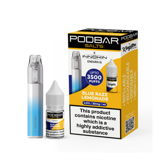 20mg Podbar Salts by Kingston x Innokin Endura S1 Disposable Vape Kit 3500 Puffs - Flavour: Blue Razz Lemonade