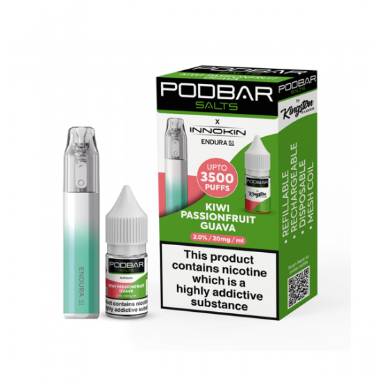 20mg Podbar Salts by Kingston x Innokin Endura S1 Disposable Vape Kit 3500 Puffs - Flavour: Kiwi Passionfruit Guava