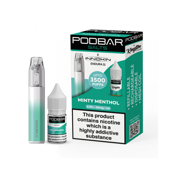 20mg Podbar Salts by Kingston x Innokin Endura S1 Disposable Vape Kit 3500 Puffs - Flavour: Minty Menthol