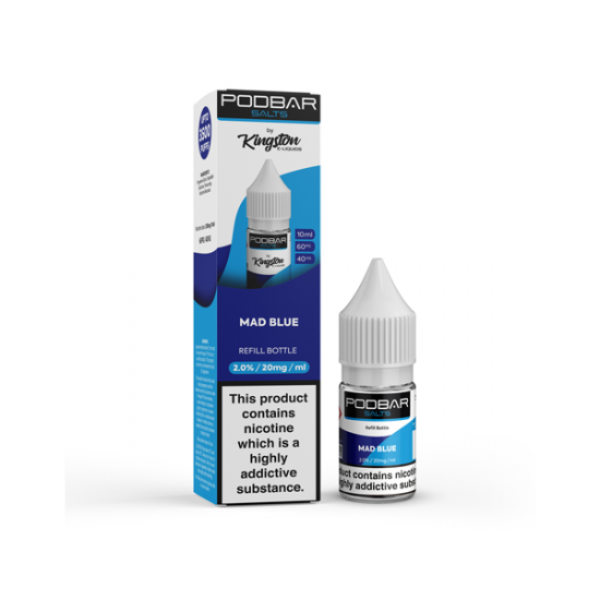 20mg Podbar Salts by Kingston 10ml Refill Nic Salts (60VG/40PG) - Flavour: Mad Blue