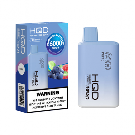 0mg HQD HBAR Disposable Vape Device 6000 Puffs - Flavour: Blueberry Raspberry