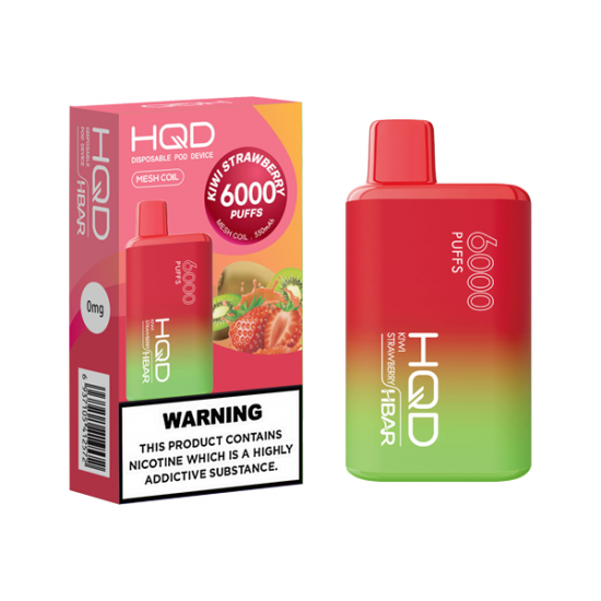 0mg HQD HBAR Disposable Vape Device 6000 Puffs - Flavour: Kiwi Strawberry