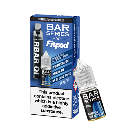 20mg Bar Series x Fitpod RBAR QI Refillable Disposable Vape & 10ml Nic Salt - 6000 Puffs - Flavour: Blueberry Sour Raspberry