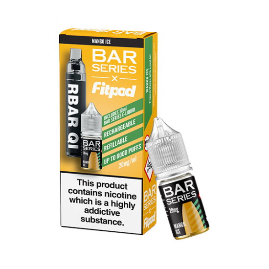 20mg Bar Series x Fitpod RBAR QI Refillable Disposable Vape & 10ml Nic Salt - 6000 Puffs - Flavour: Mango Ice