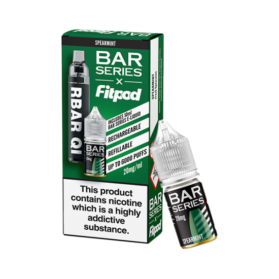 20mg Bar Series x Fitpod RBAR QI Refillable Disposable Vape & 10ml Nic Salt - 6000 Puffs - Flavour: Spearmint