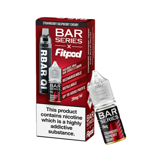 20mg Bar Series x Fitpod RBAR QI Refillable Disposable Vape & 10ml Nic Salt - 6000 Puffs - Flavour: Strawberry Raspberry Cherry