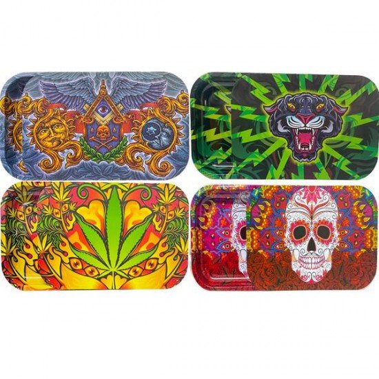 Large Mixed Design Magnetic Metal Rolling Trays with Lid - Design: Rasta